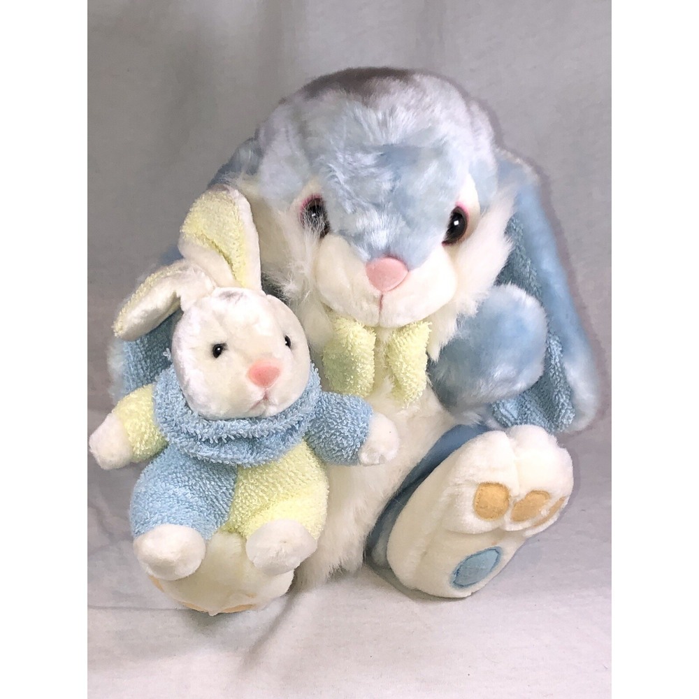 Easter Bunny Rabbit Plush With Baby Blue Yellow Terrycloth 14" EUC